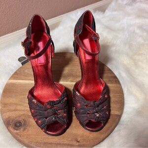 Betsey Johnson Red and Black Peep Toe Heels with Ankle Strap Size 8